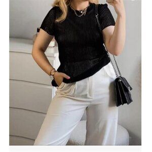 NEW MISSACTIVER Women Mesh Knitted See Through Tshirt Women's S